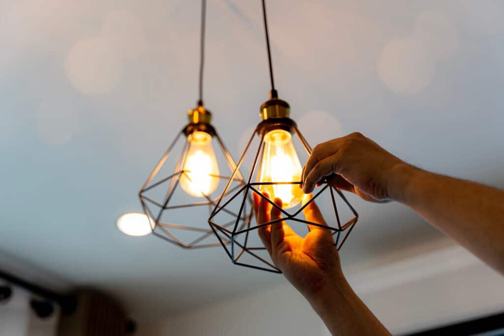 Decorative antique edison style filament light bulbs hanging. An