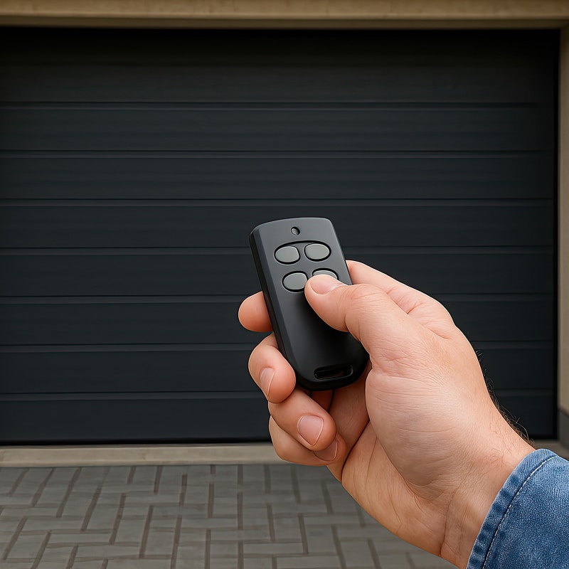 Main actionnant une télécommande noire pour ouvrir une porte de garage sectionnelle gris foncé, vue de face.