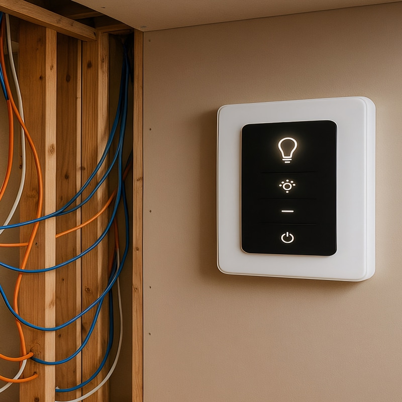 Interrupteur mural intelligent tactile noir sur fond blanc, avec icônes allumées : ampoule, projecteur, dimmer et bouton marche/arrêt, près d'une structure de bois exposée avec des fils électriques bleus et oranges.